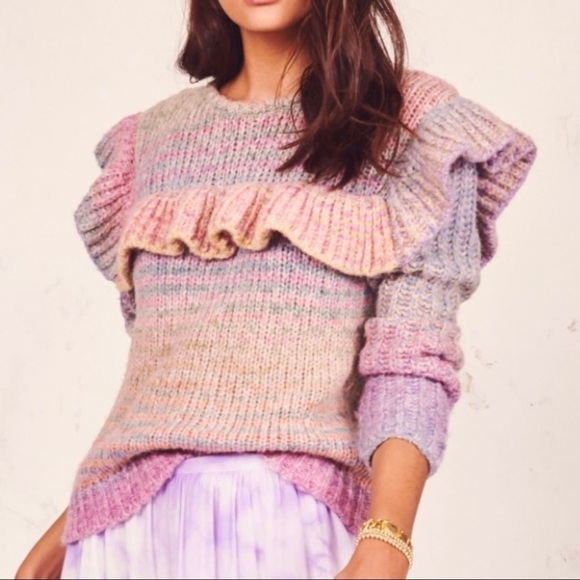 LoveShackFancy Yumi Ruffle Knit Pullover Sweater in Rainbow Pink Purple XS - Picture 2 of 8